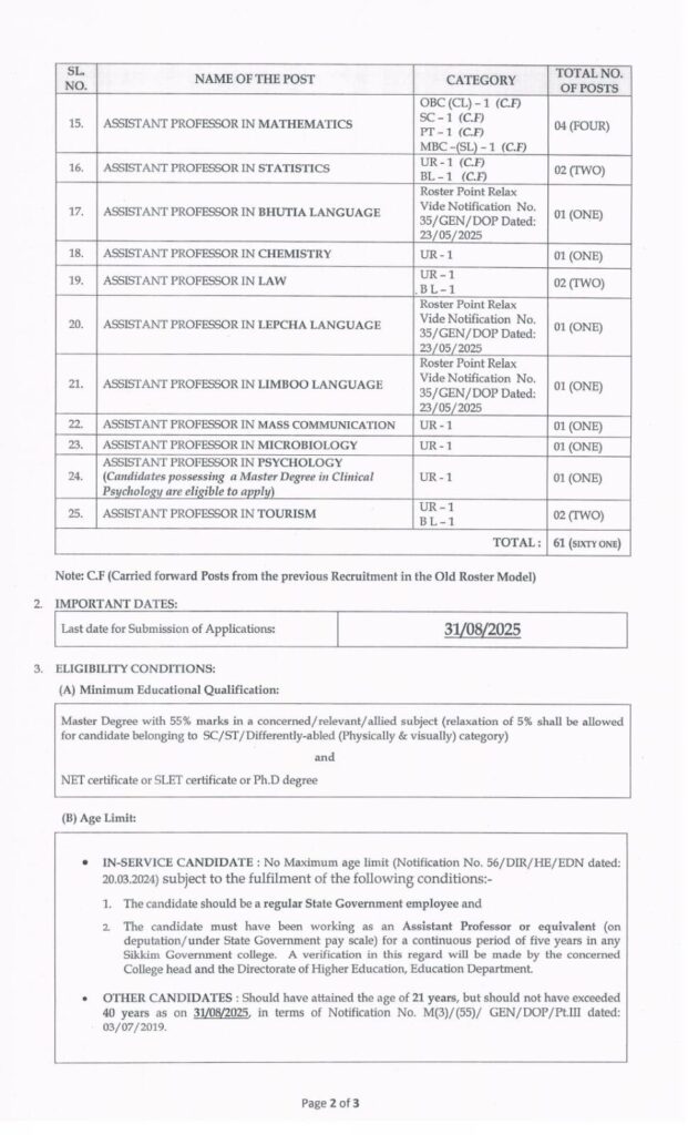 Advertisement for the post of Assistant Professors under Education Department- Sikkim Public Service Commission