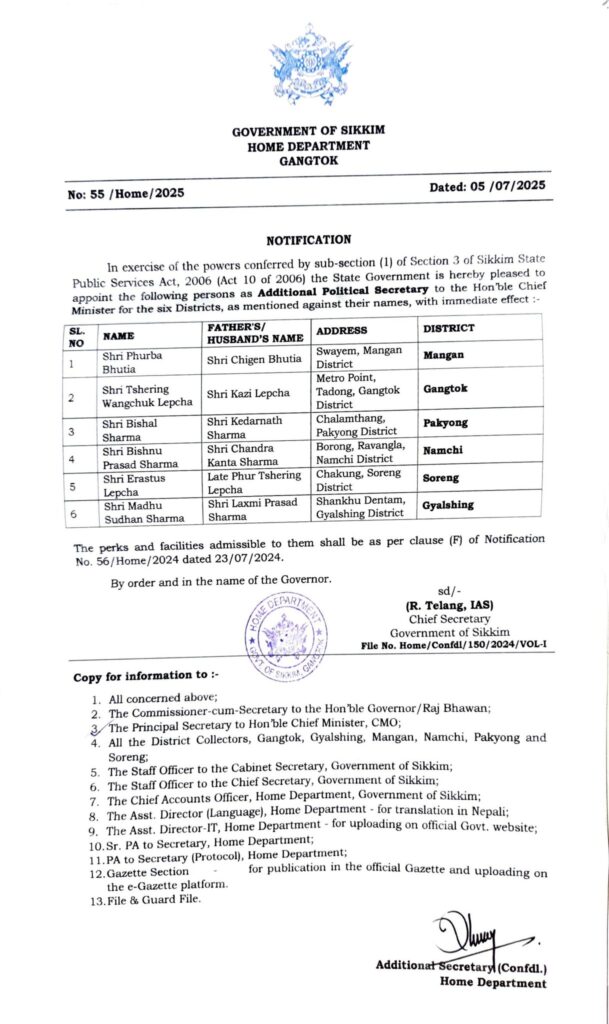 Appointment of Additional Political Secretaries to the Hon’ble Chief Minister for the six districts notified by Home Department, Government of Sikkim