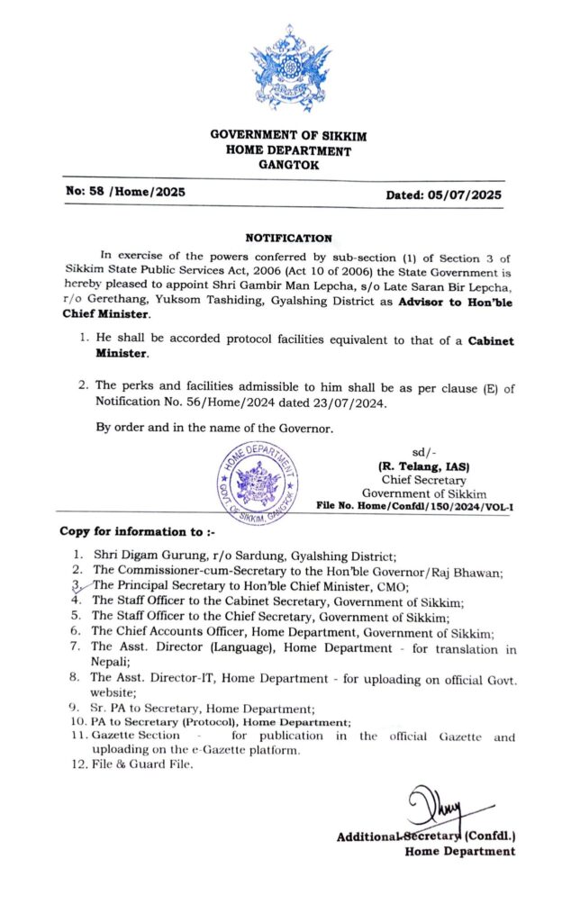 Appointment of Advisor to the Hon’ble Chief Minister notified by Home Department, Government of Sikkim