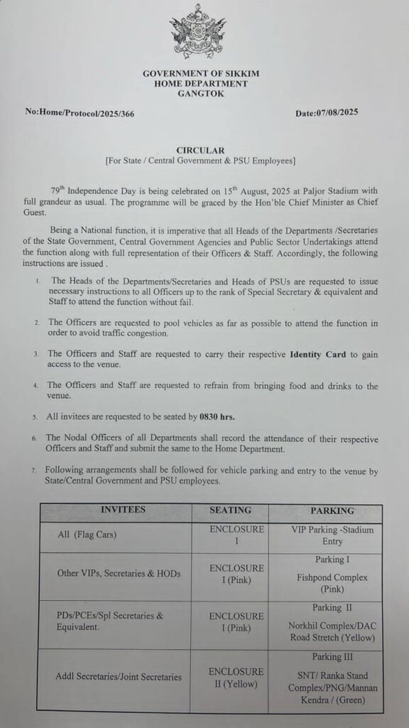 Circular for the 79th State-level Independence Day Celebration issued by Home Department