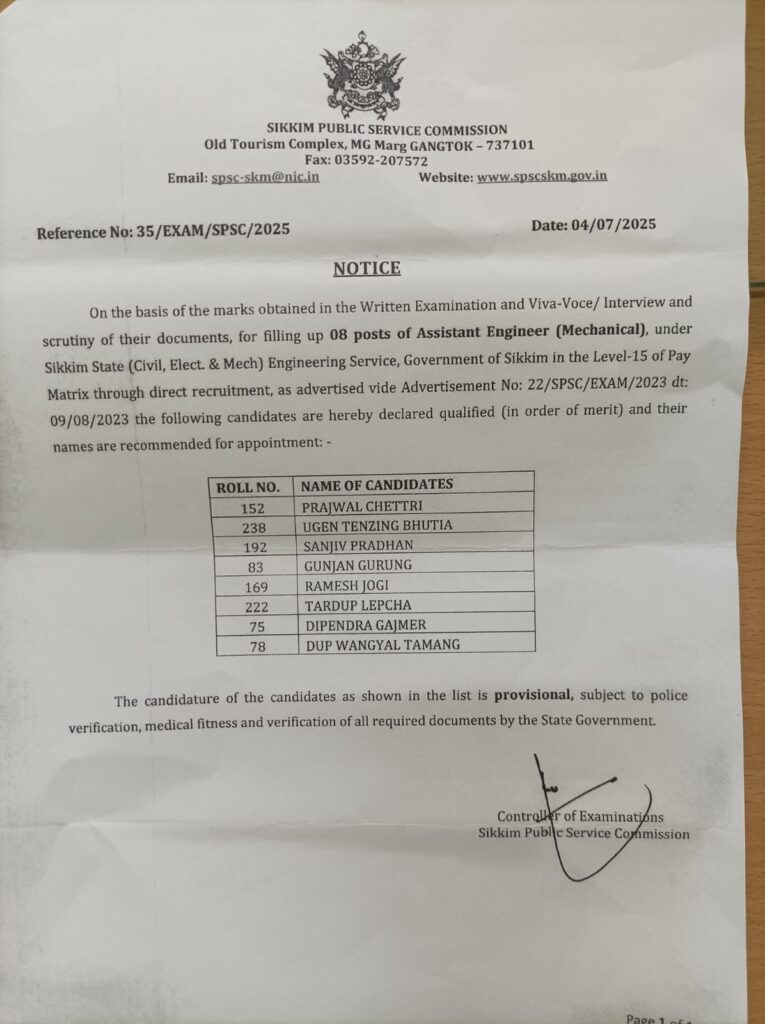 Direct Recruitment Result of 08 posts of Assistant Engineer (Mechanical) notified by Sikkim Public Service Commission