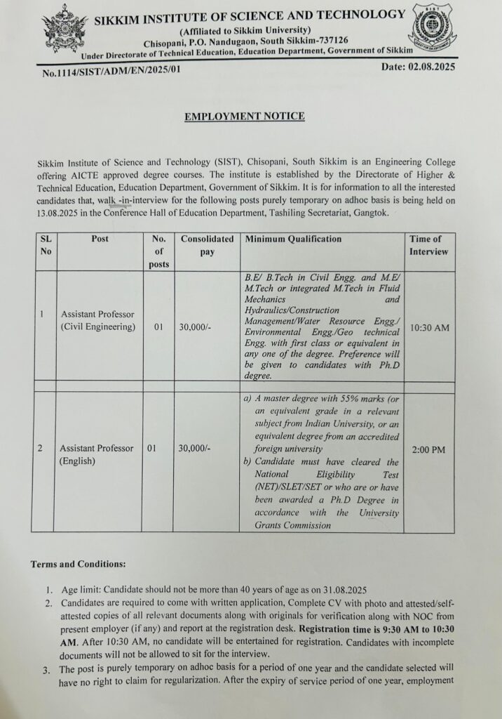 EMPLOYMENT NOTICE ISSUED FROM SIKKIM INSTITUTE OF SCIENCE AND TECHNOLOGY, CHISOPANI, NAMCHI DISTRICT