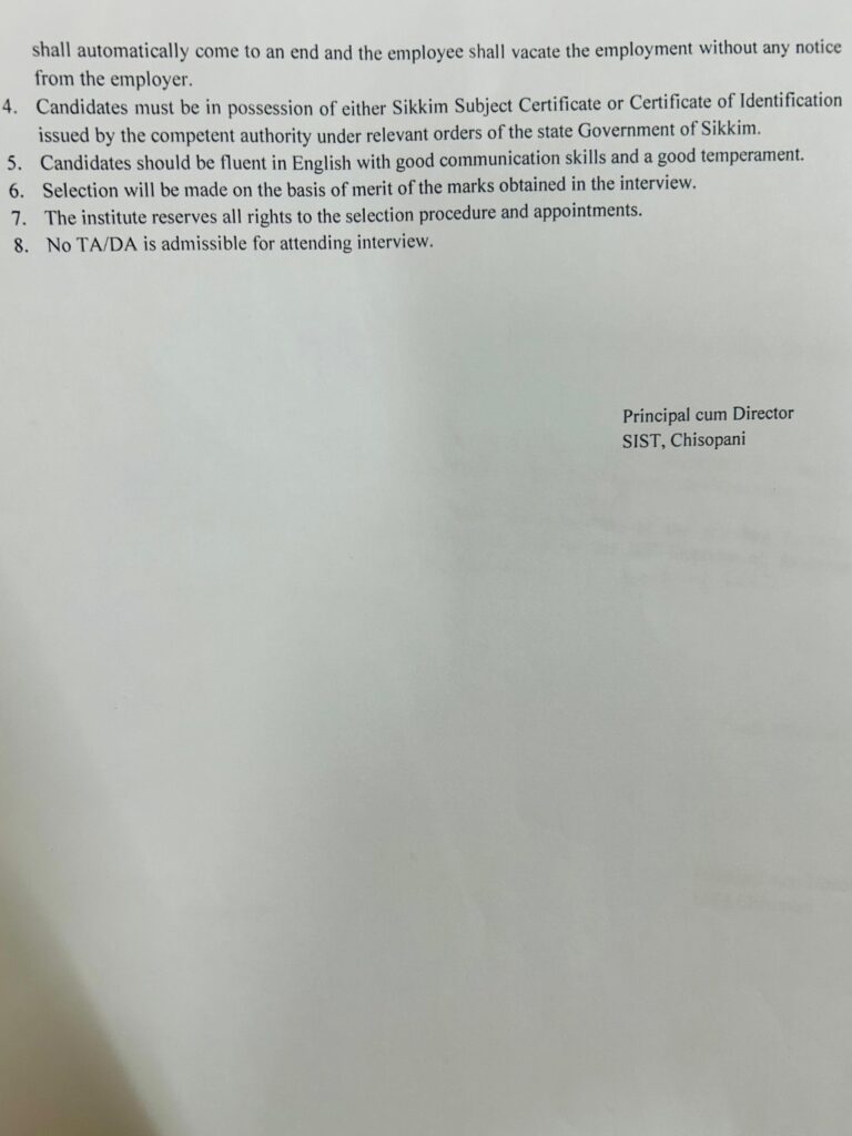 EMPLOYMENT NOTICE ISSUED FROM SIKKIM INSTITUTE OF SCIENCE AND TECHNOLOGY, CHISOPANI, NAMCHI DISTRICT