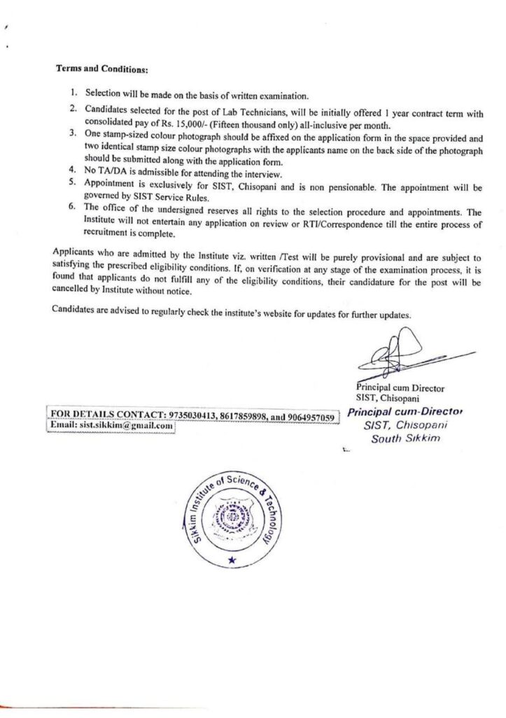 Employment Notice issued from Sikkim Institute of Science and Technology, Chisopani, Namchi District