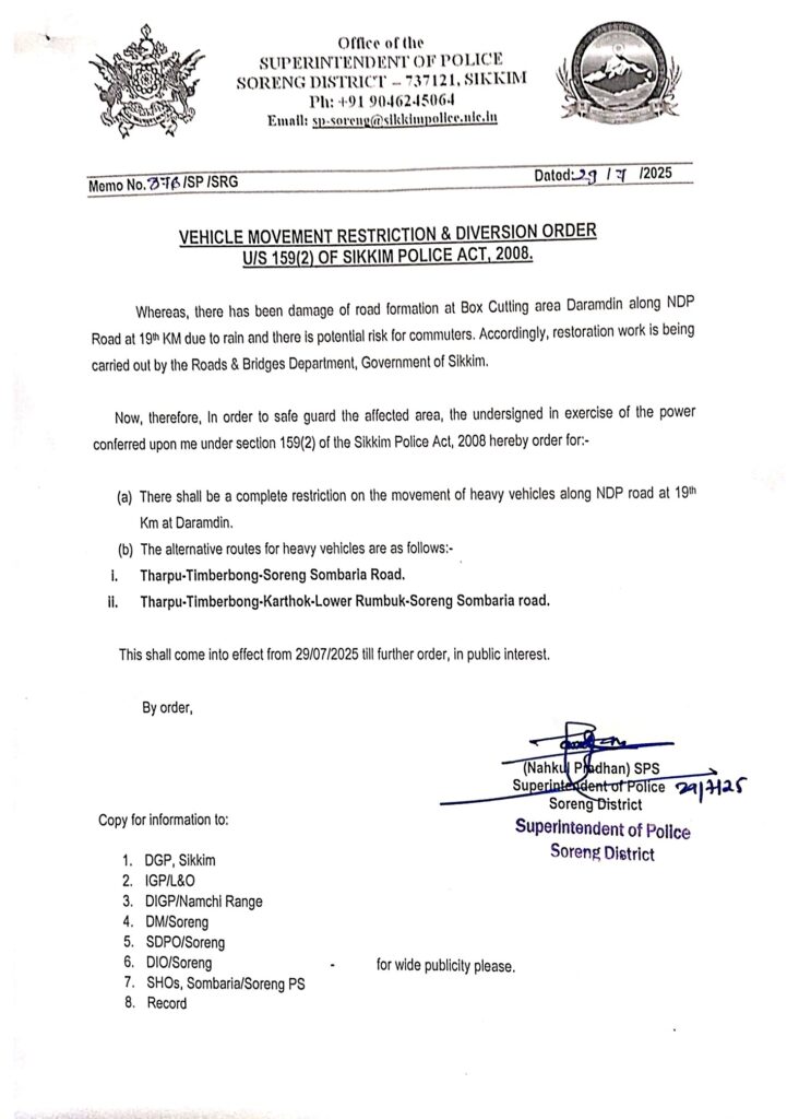 From the Office of the Superintendent of Police (Soreng) Mr Nahkul Pradhan.
Vehicle Movement Restriction and Diversion Order for the Public of Soreng