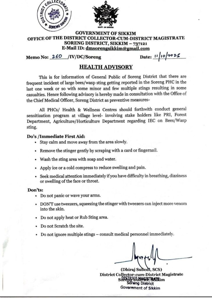 Health Advisory from the Office of the District Collector Soreng District Mr Dhiraj Subedi
