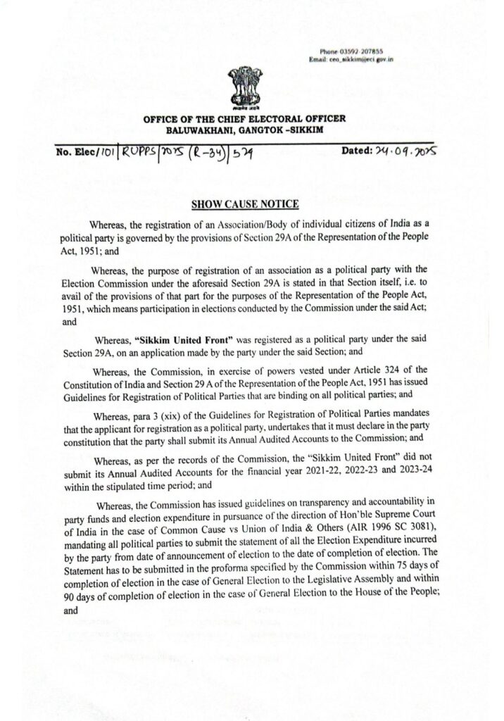 Issue of Show Cause Notice to ‘Sikkim United Front’ by the Office of the Chief Electoral Officer, Gangtok