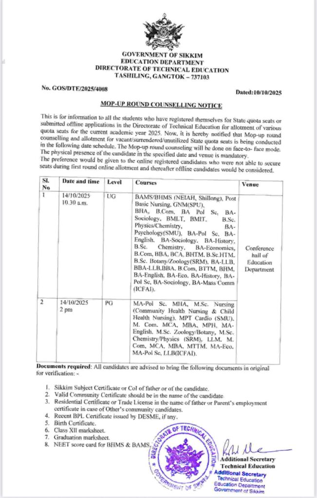 Mop-Up Round Counselling Notice From Education Department for Allotment of Various Quota Seats for the Current Academic Year 2025