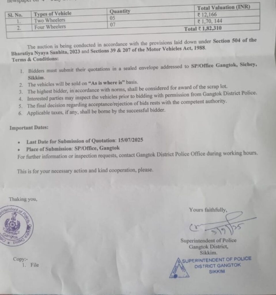 Notice Inviting Quotation for scrap vehicle issued from the office of Superintendent of Police, Gangtok District