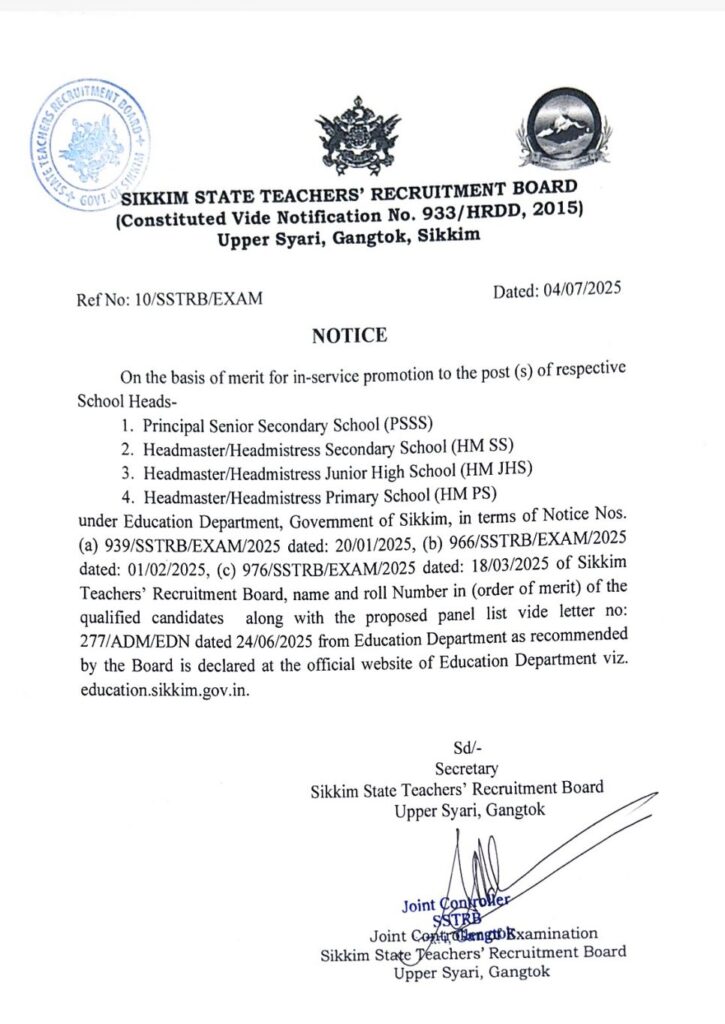 Notice from Sikkim State Teachers' Recruitment Board (SSTRB), Gangtok