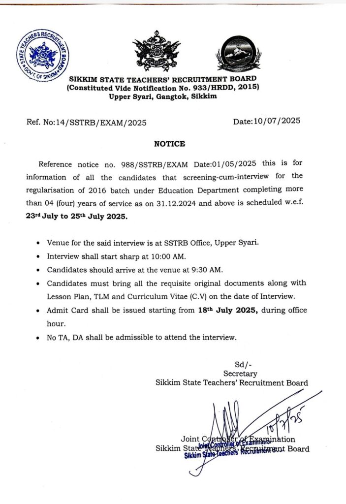 Notice from Sikkim State Teachers' Recruitment Board (SSTRB), Gangtok