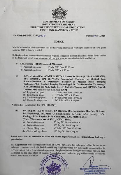 Notice regarding Allotment of State Quota Seats for 2025 notified by Directorate of Technical Education, Education Department