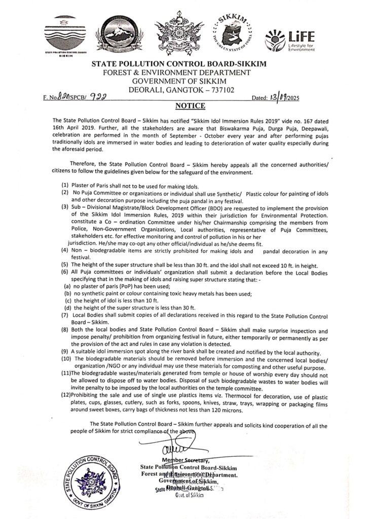 Notice regarding guidelines on "Sikkim Idol Immersion Rukes 2019" issued by State Pollution Control Board Sikkim