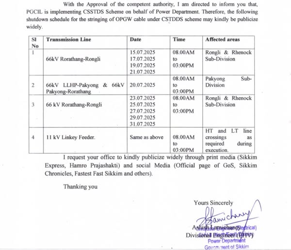 Notice regarding scheduled power interruption issued by the Power Department.