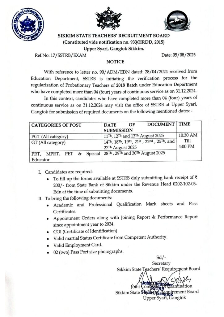 Notice regarding verification process for the regularisation of Probationary Teachers of 2018 Batch issued by Sikkim State Teachers' Recruitment Board