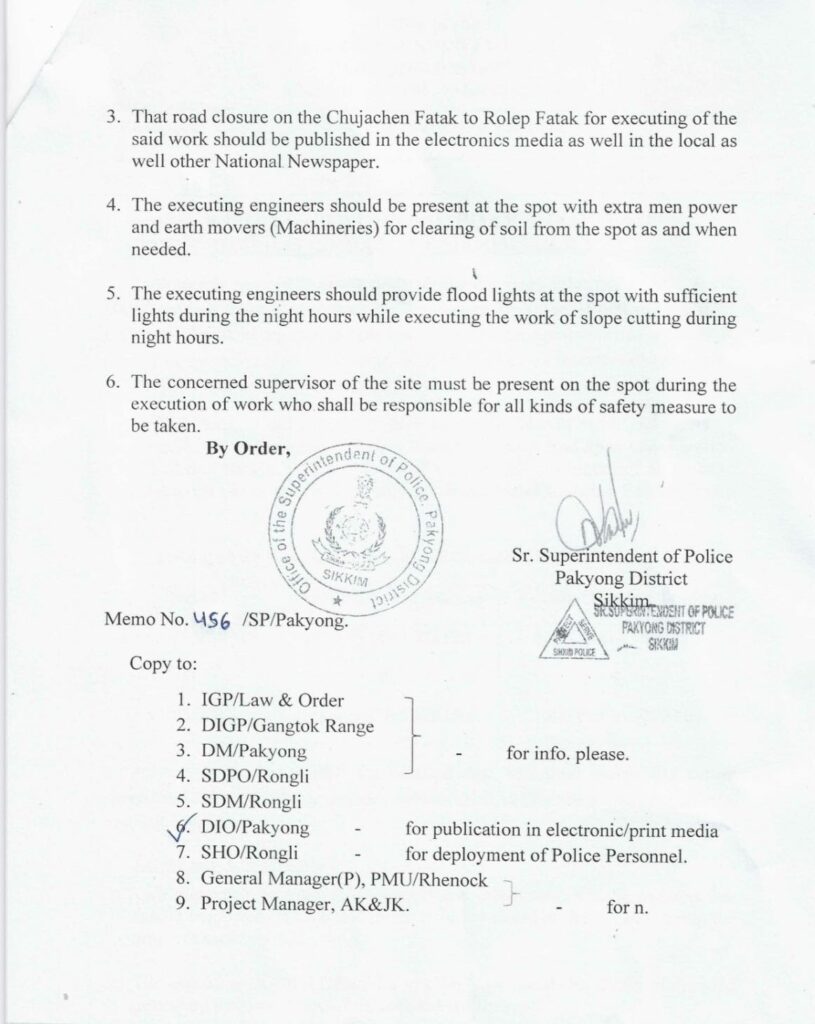 Order for Regulation & Diversion of Traffic Movement from the Office of Senior Superintendent of Police, Pakyong District.