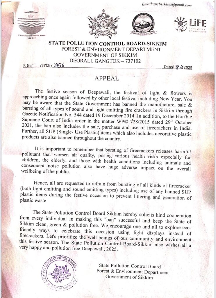 State Pollution Control Board- Sikkim Issues Appeal Against Use of Firecrackers and Banned Plastic Items