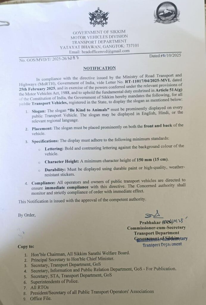 Transport Department Issues Notification: All public transport vehicles must display the slogan “Be Kind to Animals”, as per MoRTH directives.