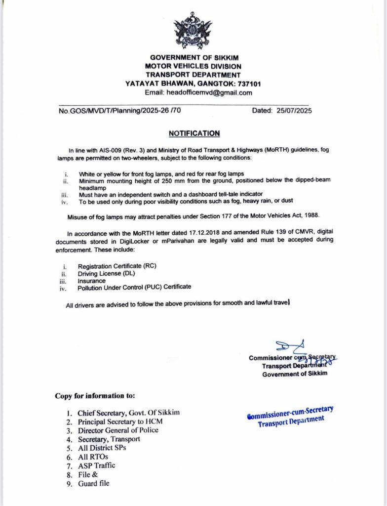 New Fog Lamp Rules in Sikkim Notification